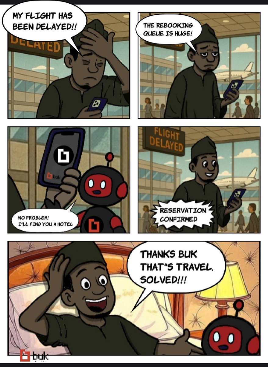 OdgAnimation's tweet image. Mr. Kayode panicked as his flight delay loomed, but BukProtocol’s AI swooped in like a travel superhero, snagging him a luxurious hotel.
 With a confirmed reservation flashing on his phone, he grinned, his adventure saved in a flash!⚡

@BukProtocol
#BukProtocol #AITravel