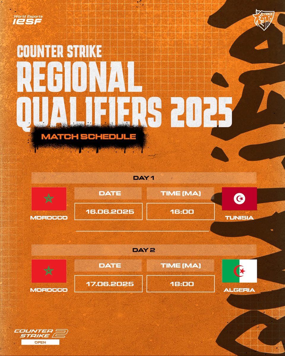 Match de qualification régionale dans le jeu Counter Strike 2 (CS2) avec le Maroc🇲🇦 qui va affronter la Tunisie🇹🇳 et l’Algérie🇩🇿.