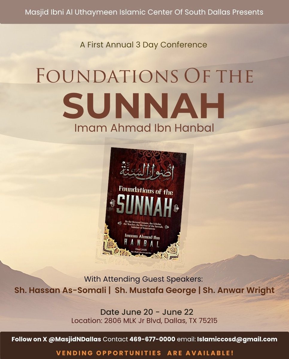 Hikmah Publications (@hikmahpubs) on Twitter photo Today, I completed the translation of the explanation ‘Usool Al-Sunnah’ of Imam Ahmad b. Hanbal by Shaykh Ahmad al-Najmi - Alhamdu lillah!
This was in preparation for the upcoming Dallas, Texas seminar <a href="/MasjidNDallas/">Islamic Center South Dallas</a>
Insha Allah, it will be published in the coming weeks. Today, I completed the translation of the explanation ‘Usool Al-Sunnah’ of Imam Ahmad b. Hanbal by Shaykh Ahmad al-Najmi - Alhamdu lillah!
This was in preparation for the upcoming Dallas, Texas seminar <a href="/MasjidNDallas/">Islamic Center South Dallas</a>
Insha Allah, it will be published in the coming weeks.