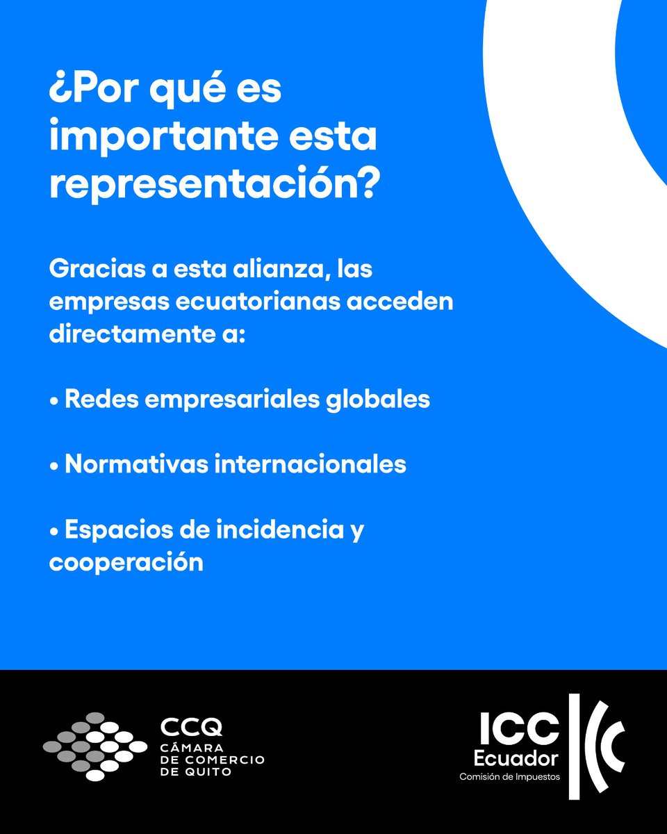 🌐Al representar a la Cámara de Comercio Internacional (ICC) en Ecuador, la CCQ vincula al sector privado nacional con oportunidades de cooperación internacional, marcos normativos globales y espacios de incidencia estratégica.

Somos la conexión con la organización empresarial