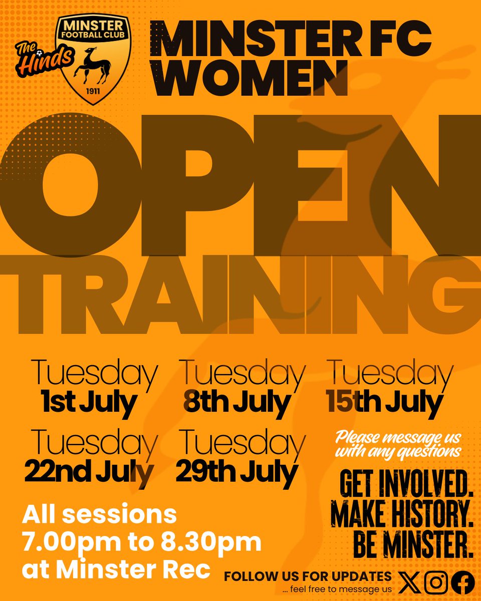 MINSTER FC WOMEN - OPEN TRAINING
This July, we’re opening up training to all players interested in joining Minster FC Women as we mark a historic moment for the club.
All welcome to come along .. 
#mcmxi #thehinds #minsterfcwomen
<a href="/SECWFLnews/">SECWFL</a>
