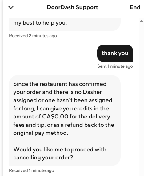 gshu's tweet photo. Hey, @DoorDash your customer support is bizarrely horrible. Did you really think a refund of $0.00 makes up for taking over an hour to pick up the food? https://t.co/cue4zrbhI8