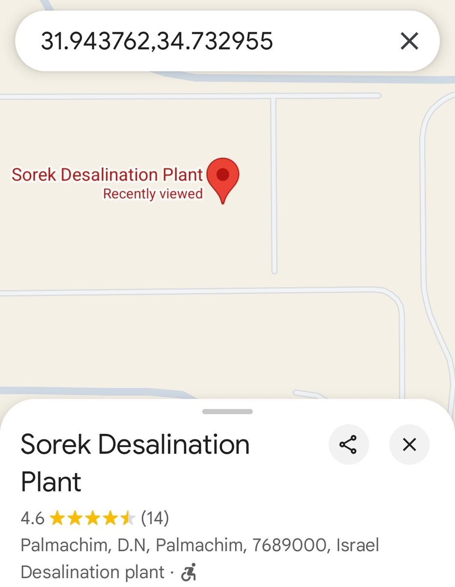 syjebrailyEng's tweet image. About 80–90% of the Zionists' drinking water comes from desalination plants along the Mediterranean. Key facilities include Sorek, Hadera, Ashkelon, Ashdod, and Palmachim.