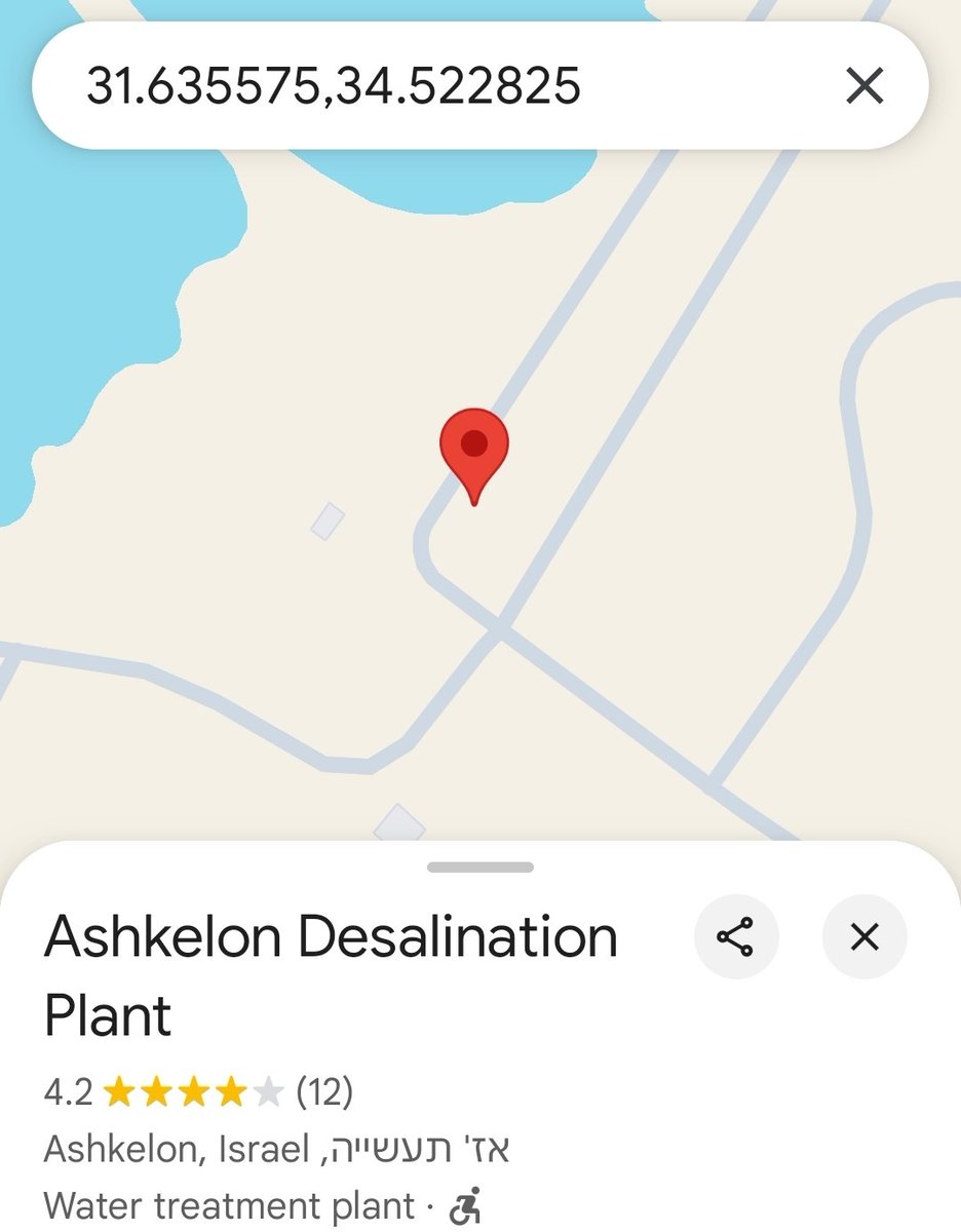 syjebrailyEng's tweet image. About 80–90% of the Zionists' drinking water comes from desalination plants along the Mediterranean. Key facilities include Sorek, Hadera, Ashkelon, Ashdod, and Palmachim.