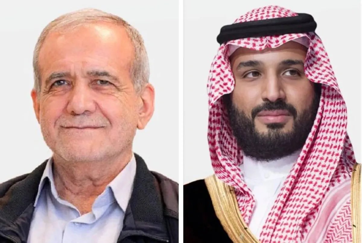 Saudi_Gazette's tweet photo. #BREAKING: Crown Prince Mohammed bin Salman speaks by phone with Iranian President Masoud Pezeshkian, offering condolences to the Iranian people and families of those killed in the Israeli strikes. https://t.co/7Mzj9dmfl1