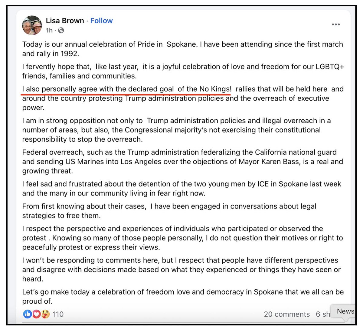 SpokaneZionists's tweet image. #NOKINGS #Spokane Activist Mayor Lisa Brown announced on Facebook that she supports NO KINGS. According to Spokane Pride's Facebook page they are working with Indivisible to assure people's safety at today's Pride festivities. On Wednesday Brown had to put a curfew on fellow
