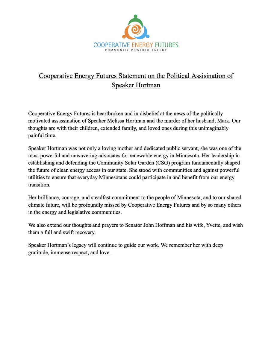 Cooperative Energy Futures Statement on the Political Assassination of Speaker Melissa Hortman.