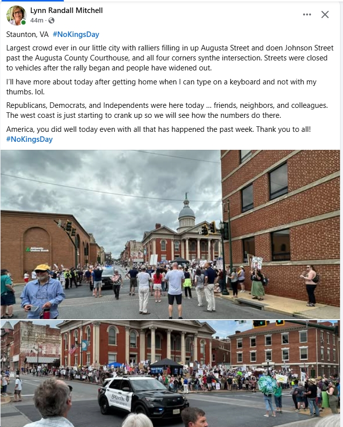 Nice crowd in deep-red Augusta County, VA bluevirginia.us/2025/06/no-kin… #NoKingsDay #NoKingsInAmerica