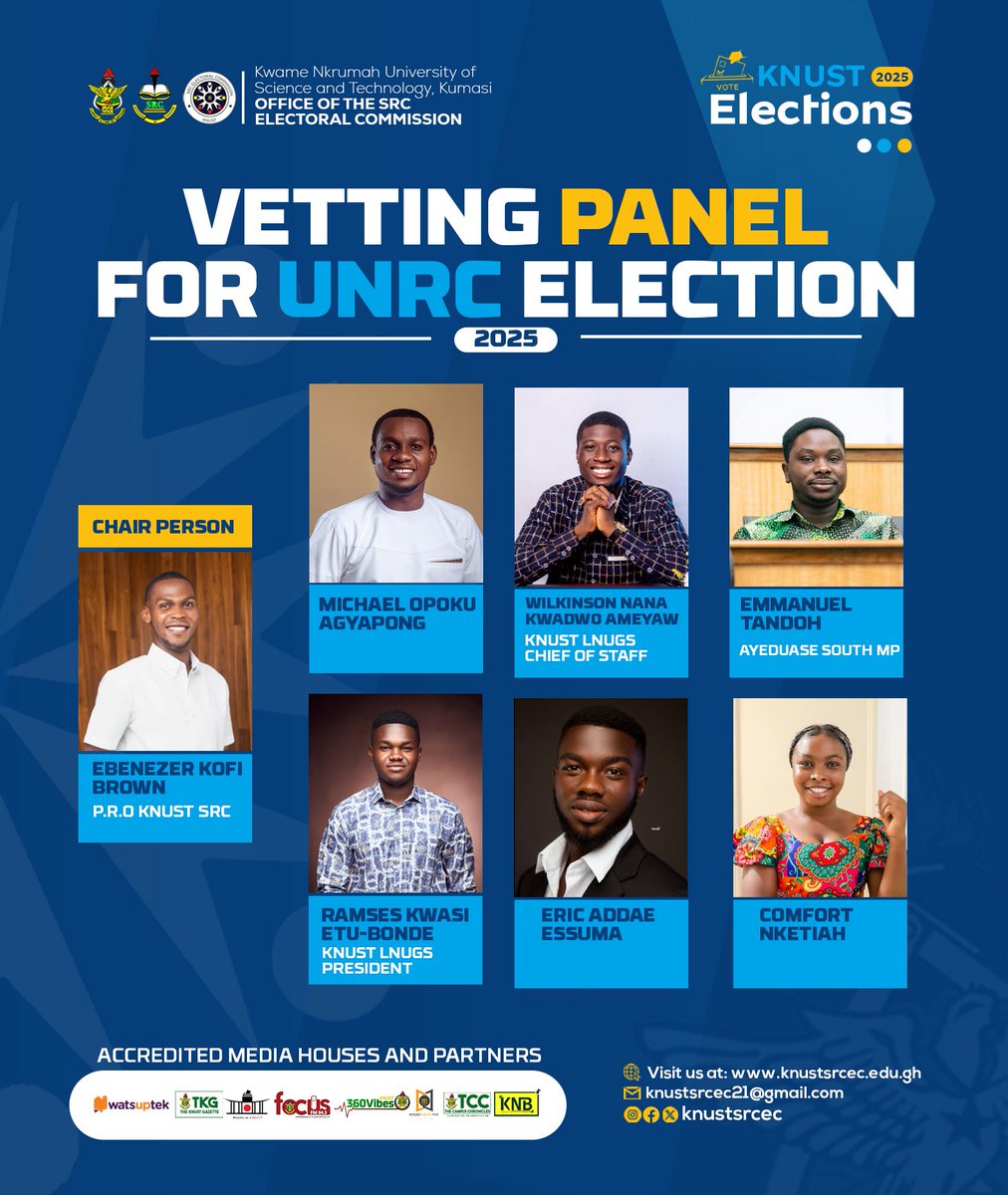KNUSTSRCEC's tweet image. Vetting Panel for the 2025 UNRC Elections.

Vetting is scheduled for tomorrow at 8am.

#KNUSTDecides2025