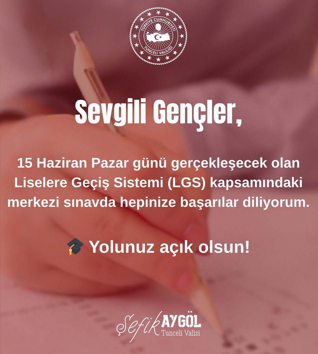 LGS sınavına girecek tüm yavrularımıza başarılar diliyorum.

Tunceli’de yavrularımızın sağlıklı bir sınav yaşaması için tüm önlemler alınmıştır.

Kimlik ihtiyacı halinde tüm nüfus müdürlüklerimiz sabah 7.30. 12 .30 arası açık olacaktır.  #LGS