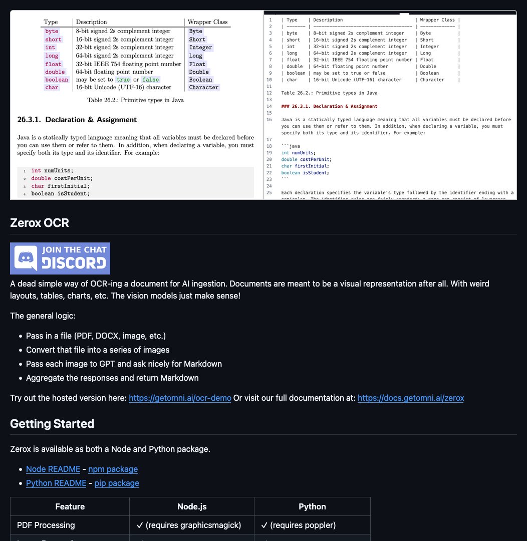 D4Vinci1's tweet image. zerox by @getomni_ai
Zerox OCR: A simple way to convert documents into Markdown for AI ingestion, supporting various models and file formats. #zeroxocr #AI #DocumentProcessing