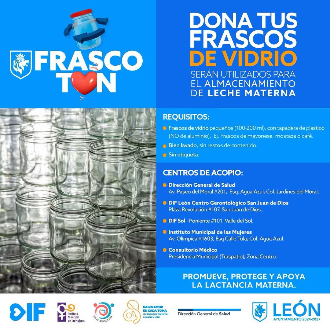 ♻️#ReciclandoyAyudando |

🧐 ¿Qué haces con los #frascos de #vidrio cuando se acaba la mayonesa, el café o la mostaza?

#Recicla y dónalos al #Frascotón del <a href="/IMMLeon/">IMMUJERES León</a> para almacenar leche materna 🤱 

Entrega tus frascos 

✅ Bien Lavados
✅ Sin etiquetas 
✅ Con tapa