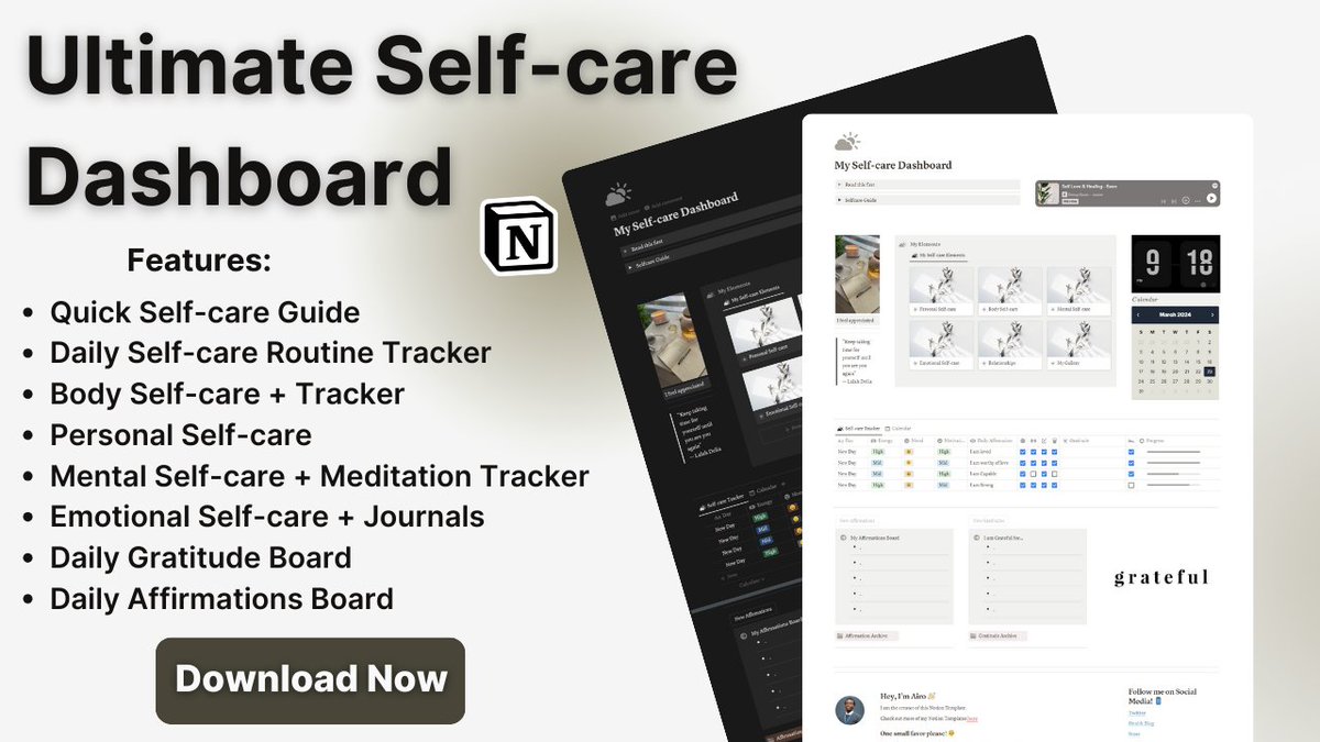 It's Not Too Late! 
Now is the BEST time to practice self care for 2025.

I've created an Ultimate Self-care Dashboard Notion Template 

To help you start and elevate your self-care and wellness

📌FREE for 24hrs👇
1. Like this Post
2. Comment "SELF"
3. Follow so I can Dm