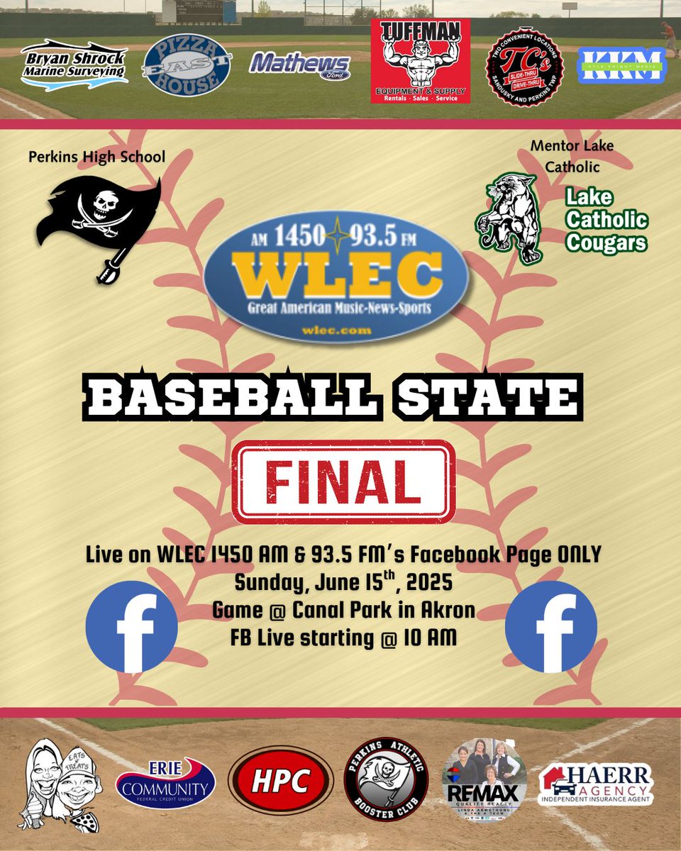 1450 AM WLEC (@1450amwlec) on Twitter photo <a href="/PerkHSbaseball/">Perkins Baseball</a> plays the Lake Catholic Cougars in the Baseball State Final today! Pregame starts at 9:30am and the game will be streaming live on WLEC's Facebook page at 10am. Let's go Pirates! <a href="/PerkHSbaseball/">Perkins Baseball</a> plays the Lake Catholic Cougars in the Baseball State Final today! Pregame starts at 9:30am and the game will be streaming live on WLEC's Facebook page at 10am. Let's go Pirates!