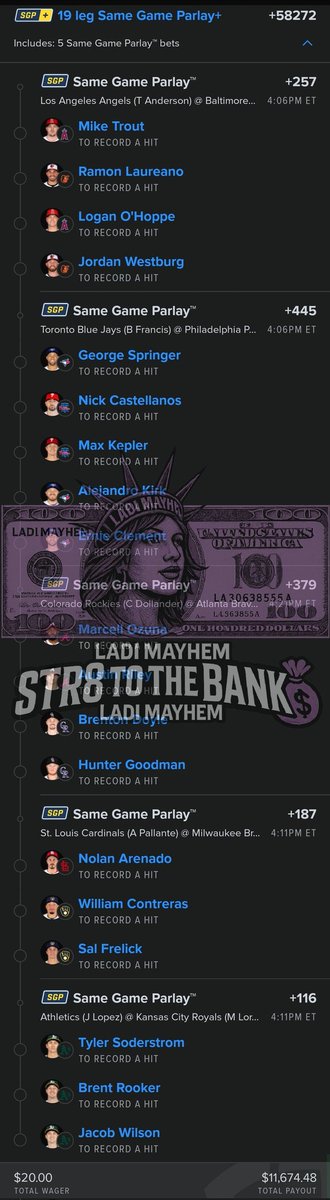 Ladi_Mayhem's tweet photo. 11 bands anyone
#GamblingX #GamblingTwitter
#GamblingCommunity
#MLBHitters #Top20Picks #SportsBettingElite #BaseHitBankroll #MayhemMade
#cheatsheet
#MLB #ESPN #FanDuel 
 https://t.co/G0FLpwyD4l https://t.co/62fzlYpKlD