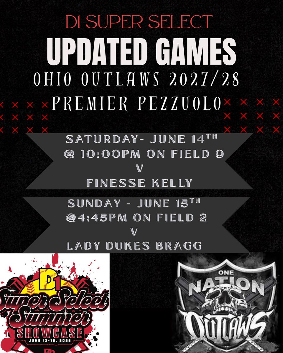 Rain delays - updated times. 
Any college coaches night owls like us 👀👀👀
See you tonight if you want to watch some great softball at Victory Park! 
🦉
We’ll also be back at it tomorrow early evening! 
🖤☠️