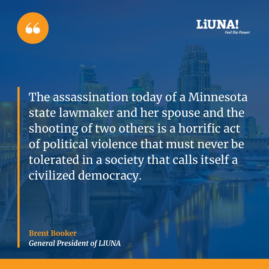 Today’s horrific act of political violence in Minnesota is an attack on democracy itself. 

We mourn the loss of Speaker Emerita Melissa Hortman—a champion for working people—and stand in solidarity with those wounded. 

Violence can never be the answer.

READ FULL STATEMENT: