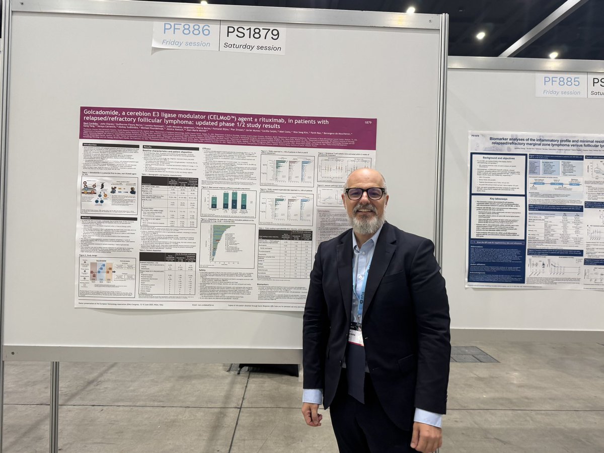 Thanks to $BMS for the invitation to present at #EHA2025 the data of “#Golcadomide, a cereblon E3 ligase modulator (CELMoD™) agent + rituximab, in patients with relapsed/refractory #follicular #lymphoma: updated phase 1/2 study results”. Very impressive results! #lymsm