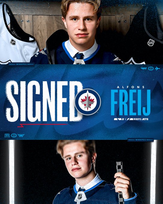 The Winnipeg Jets Hockey Club announced today they have agreed to terms with defenceman Alfons Freij on a three-year, entry-level contract with an average annual value in the NHL of $975,000.