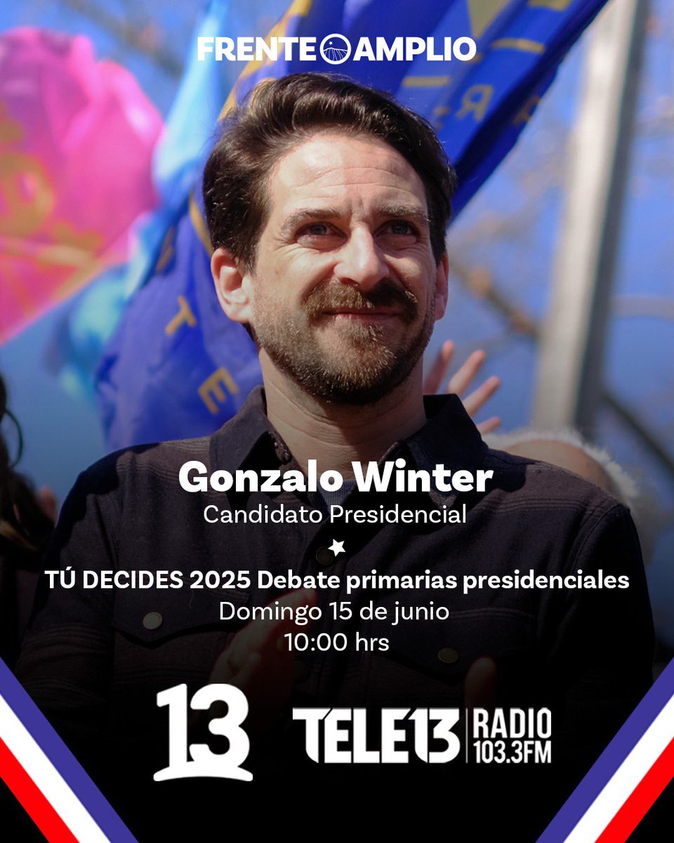 ¡Es mañana! 👏🏽 Desde tu hogar, tu trabajo, o donde te pille, sintoniza el primer debate televisivo de las candidaturas de la primaria oficialista.

Nuestro candidato presidencial <a href="/gonzalowinter/">Gonzalo Winter 🇨🇱</a> estará presentando sus propuestas para vivir mejor en el presente y en el futuro 🇨🇱