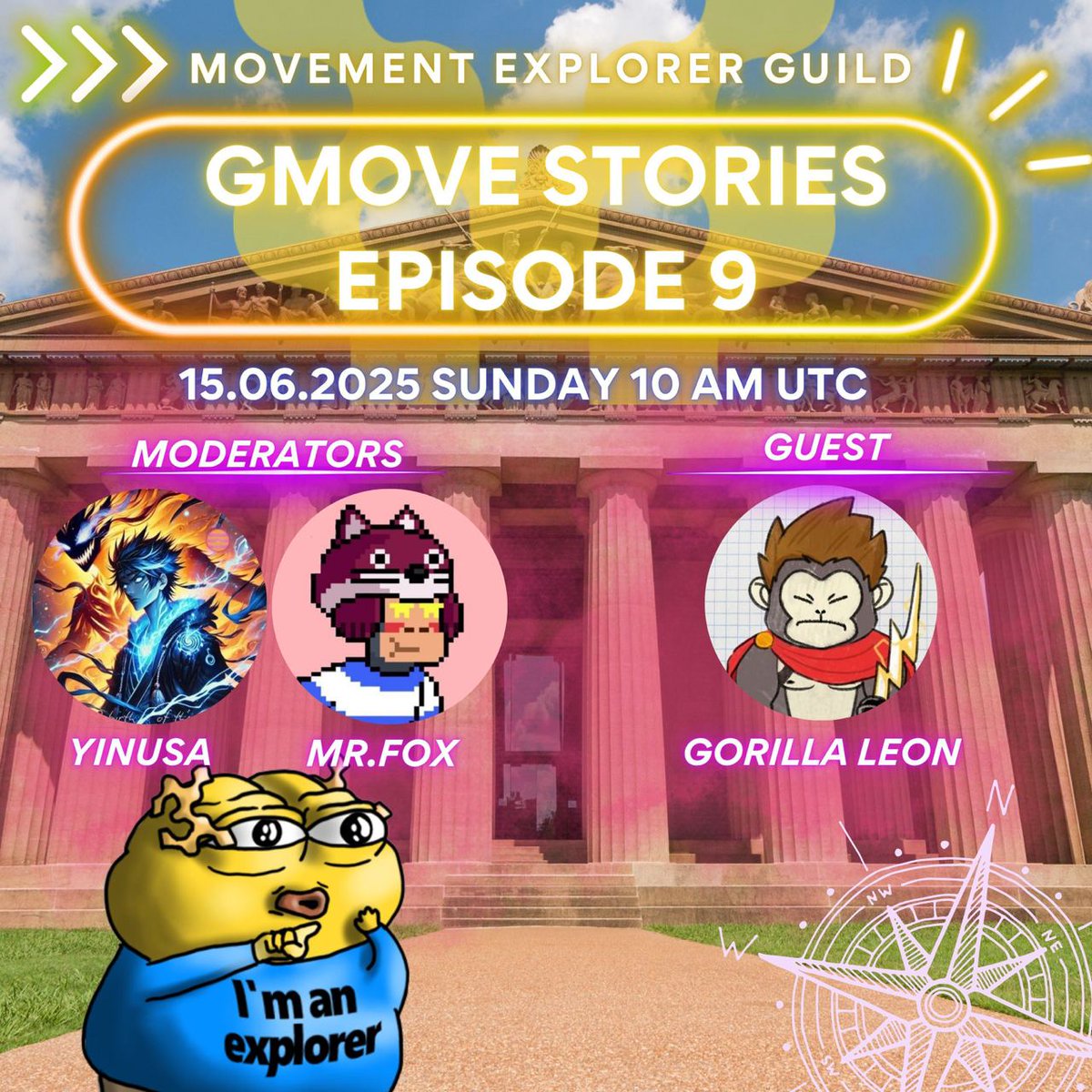 Movement Explorers Guild (@movement_explor) on Twitter photo ⚡️Tomorrow, Gmove Stories returns with a brand new Episode 9, featuring Alpha Gorilla aka <a href="/gorilla_leon/">Gorilla Leon 🦍⚡️</a>. Expect plenty of insights and stories about how <a href="/GorillaMoverz/">Gorilla Moverz 🦍⚡️</a> was born and where his journey into the Movement began.
Our hosts <a href="/mrfoxFDC/">Mr Fox 🦊</a> and <a href="/YinusaWeb3/">YINUSA 🌐</a> will set the right ⚡️Tomorrow, Gmove Stories returns with a brand new Episode 9, featuring Alpha Gorilla aka <a href="/gorilla_leon/">Gorilla Leon 🦍⚡️</a>. Expect plenty of insights and stories about how <a href="/GorillaMoverz/">Gorilla Moverz 🦍⚡️</a> was born and where his journey into the Movement began.
Our hosts <a href="/mrfoxFDC/">Mr Fox 🦊</a> and <a href="/YinusaWeb3/">YINUSA 🌐</a> will set the right