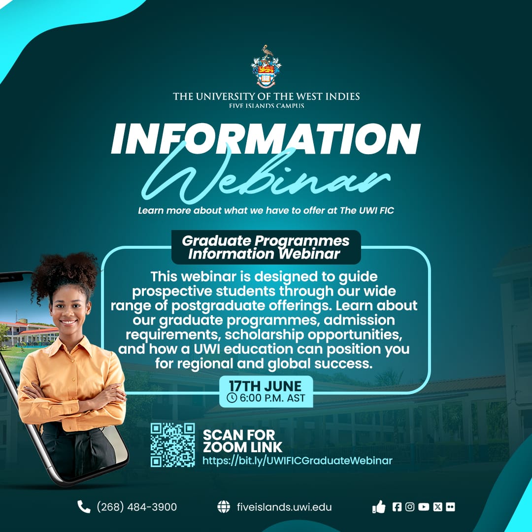 UWIFiveIslands's tweet image. 🎓 Ready for your next academic step? Join The UWI Five Islands Campus Graduate Programmes Info Webinar!

✨ Face-to-face, hybrid &amp;amp; online 🎓 Ready for your next academic step?

📅 June 17 | 6PM AST | Online

Register: bit.ly/UWIFICGraduate…

#UWIFIC #GraduateProgrammes