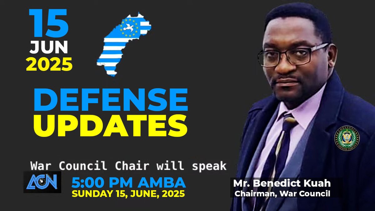 The Chairman of the Ambazonia War Council, Mr. Benedict Kuah, will speak directly to the people - Ambazonians at home and abroad must tune in.

🗓 Date: Sunday, 15th June 2025
🕗 Time: 5:00 PM Amba Time
📍 LIVE on ⁦<a href="/ACNTV2/">ACN TV</a>⁩ (on satellite and acnlive.net)