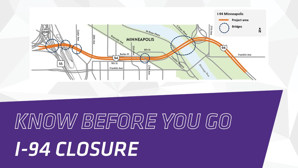 ⚠️ I-94 CLOSURE ⚠️

Please note if you're traveling into downtown by car, I-94 will be closed in both directions between I-35W and Huron Blvd. The detour is northbound I-35E to westbound Hwy 36 to southbound I-35W. Please plan accordingly.

More info: bit.ly/3Edfiia