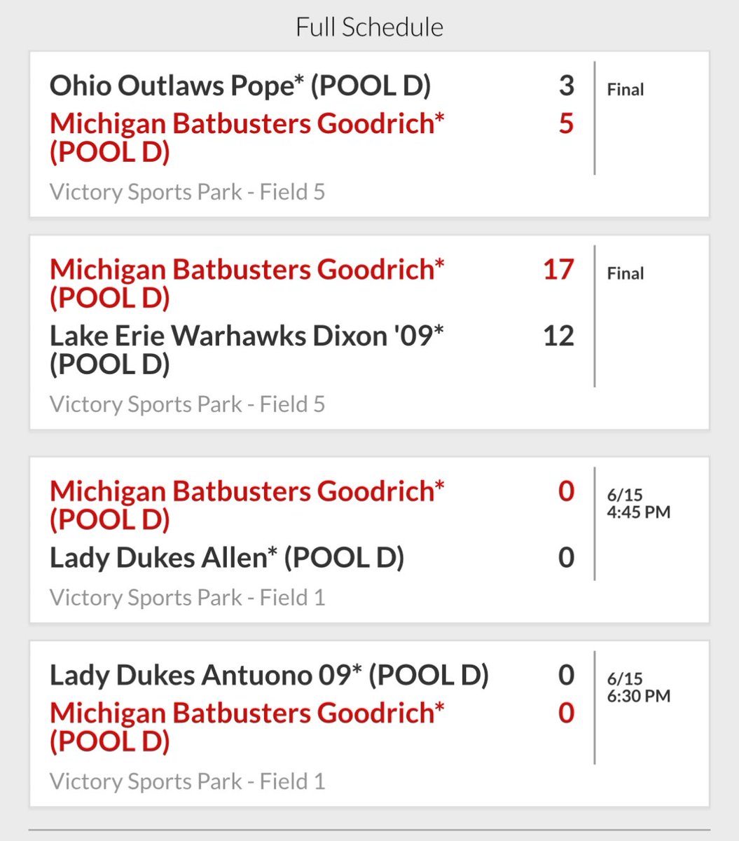 Aubrey French (@aubreyfrench74) on Twitter photo <a href="/MIBBGoodrich/">MI Batbusters Goodrich</a> kicked off the weekend going 2-0 in <a href="/d1fastpitch1/">D1 Fastpitch</a> Tournament! Unfortunately, todayโs games have been canceled due to rain. Play will resume tomorrow. Check out our updated schedule below ๐๐ป <a href="/MIBBGoodrich/">MI Batbusters Goodrich</a> kicked off the weekend going 2-0 in <a href="/d1fastpitch1/">D1 Fastpitch</a> Tournament! Unfortunately, todayโs games have been canceled due to rain. Play will resume tomorrow. Check out our updated schedule below ๐๐ป