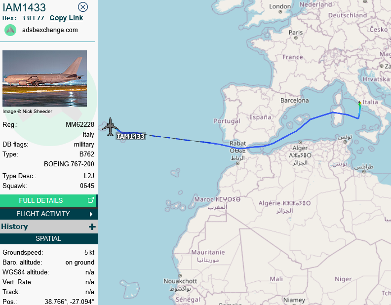 SirListenalot's tweet photo. ~1435z Italian #B762 #33FE77 #IAM1433 arrives at Lajes with one (or more) #F35 #IAM3201 from Foggia. Two #C130's #IAM4681 & #IAM4682 out of Pisa also went to Lajes https://t.co/AbQN6shdEW