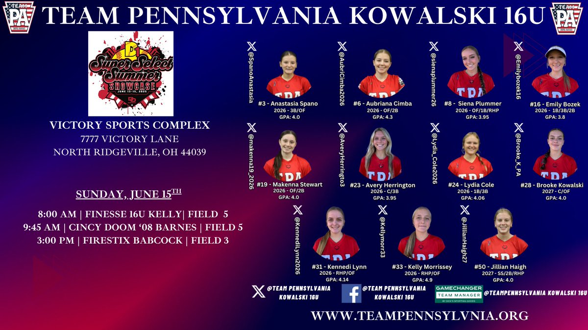 Updated schedule due to getting rained out today. College coaches, come check us out tomorrow at D1 Super Select Summer Showcase.