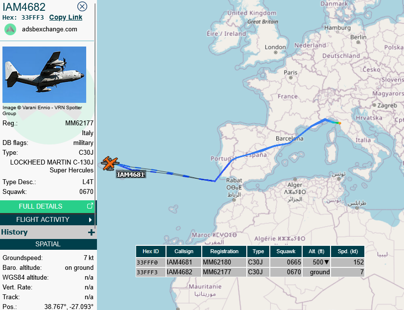 SirListenalot's tweet photo. ~1435z Italian #B762 #33FE77 #IAM1433 arrives at Lajes with one (or more) #F35 #IAM3201 from Foggia. Two #C130's #IAM4681 & #IAM4682 out of Pisa also went to Lajes https://t.co/AbQN6shdEW