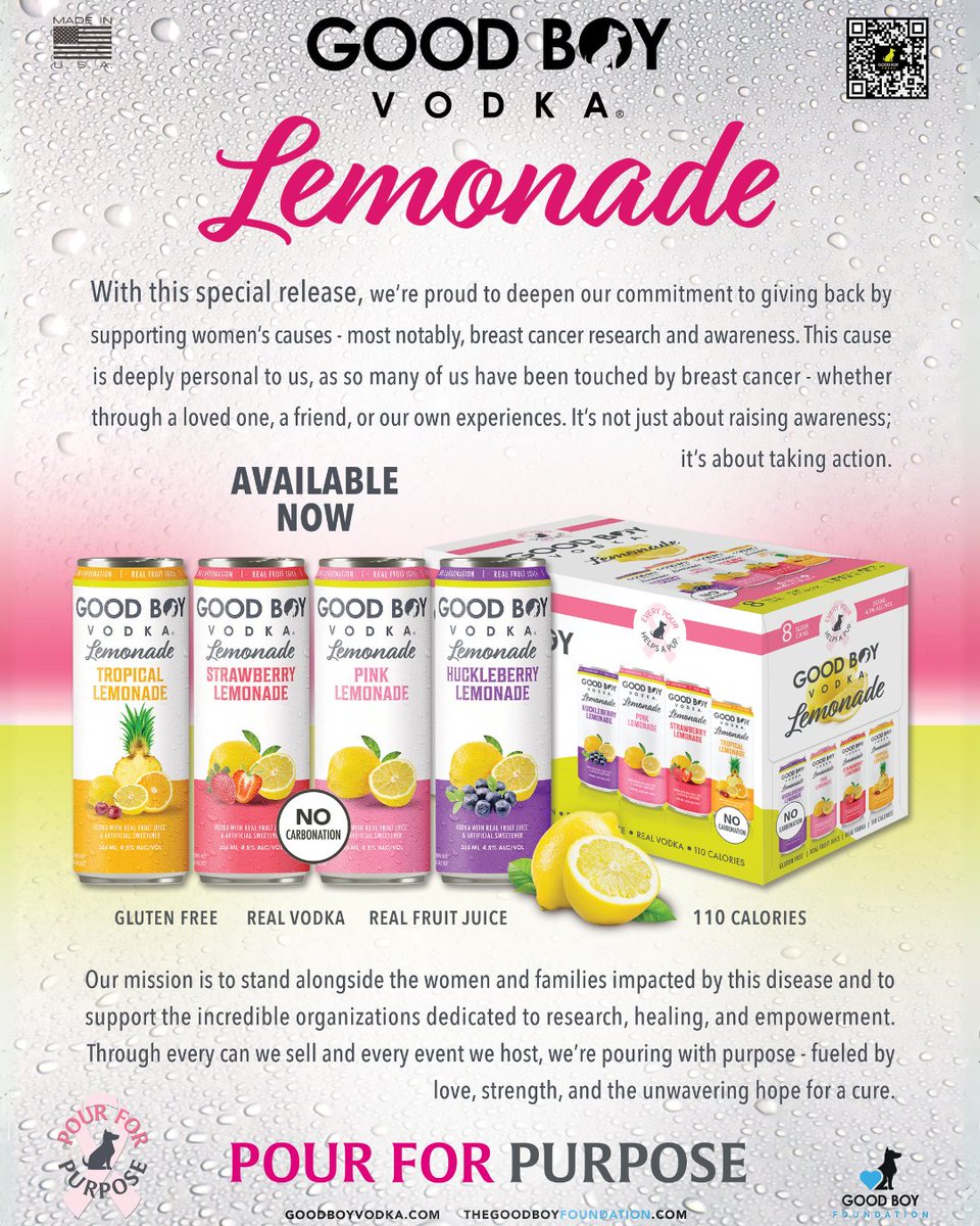 This October, we're pouring for purpose. 💗
For every case of our new Good Boy Vodka Lemonades sold, we're donating $1 to breast cancer organizations. 

Join us this Breast Cancer Awareness Month and #DrinkPink to support, research, and the fight. 

#GoodBoyVodka #PourForPurpose