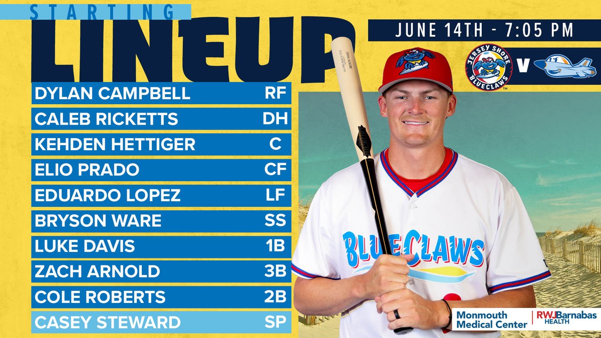 Jersey Shore BlueClaws (@blueclaws) on Twitter photo Casey Steward on the hill tonight, let's get a W! Here's the <a href="/RWJBarnabas/">RWJBarnabas</a> BlueClaws Lineup! Casey Steward on the hill tonight, let's get a W! Here's the <a href="/RWJBarnabas/">RWJBarnabas</a> BlueClaws Lineup!