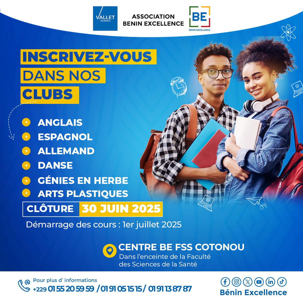 🚀 Prêts à transformer votre potentiel en excellence ? Les #inscriptions pour les #clubs de #langue et d'activités de Bénin Excellence Cotonou FSS sont ouvertes ! 🌟
#Étudiants, #Professionnels
Inscription en présentiel à <a href="/ExcellenceBenin/">BÉNIN EXCELLENCE</a> Cotonou FSS.
#Clubsdactivités
#Cours 🎉