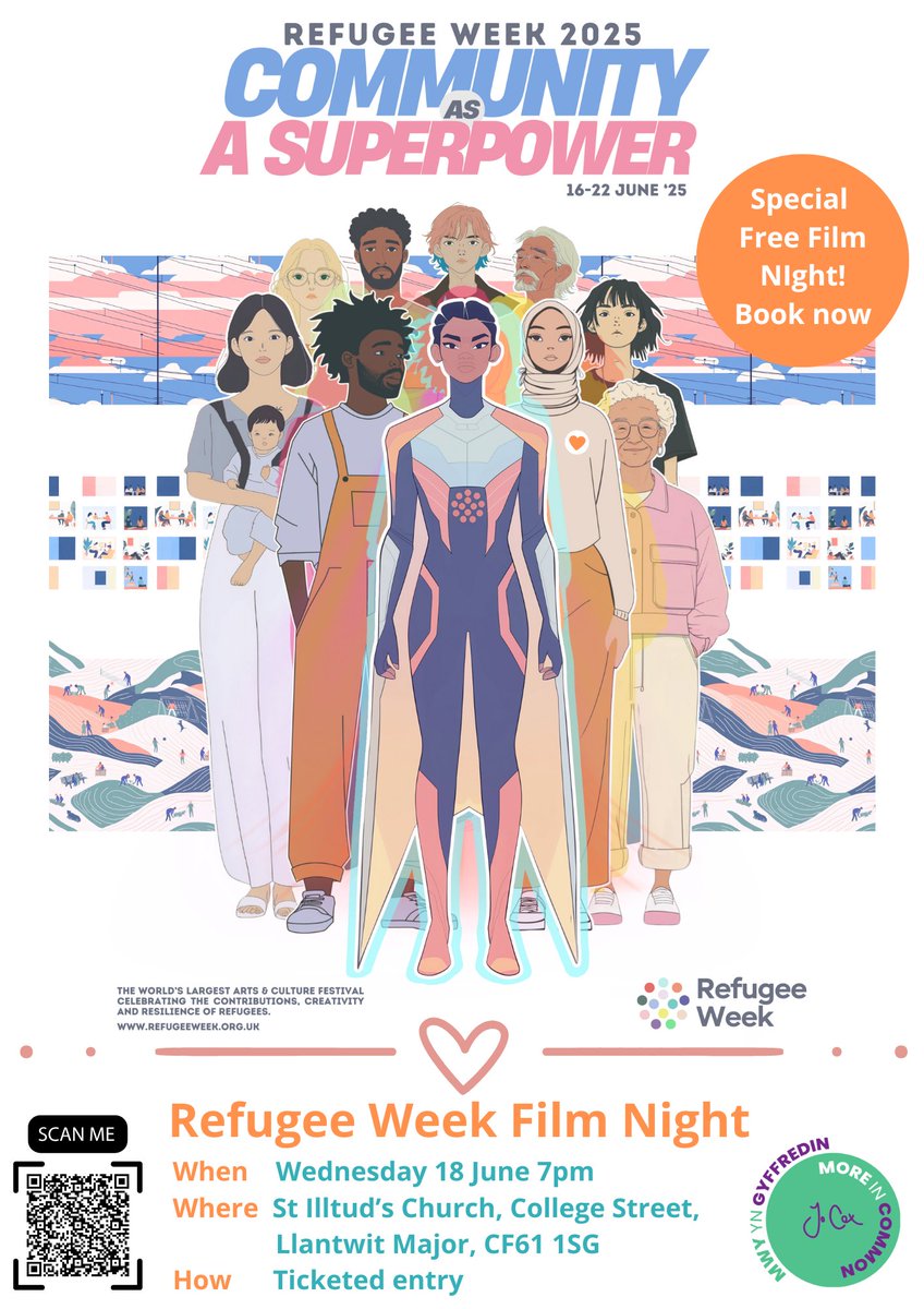 With #RefugeeWeek a part of the Month of Community, we are one of hundreds of Film Night organisers.
We'll be showing short films thanks to <a href="/RefugeeWeek/">Refugee Week 🧡</a> 
Free, ticketed event at St Illtud's Church
#moreincommon