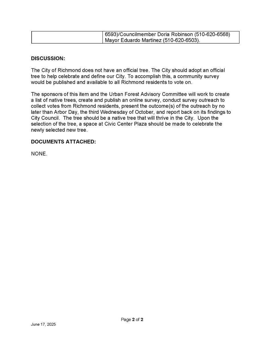 Staff Report: "The City of Richmond does not have an official tree."
🌳
Well, this shortcoming is being rectified at the 6/17/2025 city council meeting: "Select and Adopt an Official Tree of the City of Richmond"
pub-richmond.escribemeetings.com/filestream.ash…