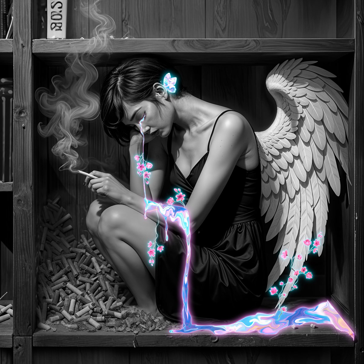 gn fam 

{ I was flying in the highest skies, what happened to that free bird?!
They trapped my spirit in a cage of limitations, but fear not, I can find another way to shine!
I smoke my pains and make color from them, they bloom in my soul and I can unfurl my wings again.
I