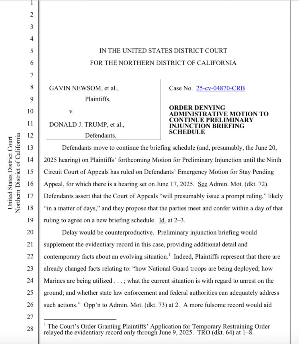 girlsreallyrule's tweet photo. BREAKING: Judge Breyer declines to delay his preliminary injunction schedule and restraining order on the National Guard deployment in LA, so the injunction against Trump STANDS and the timeline that was issued MUST be adhered to despite any possible ruling from the 9th Circuit. https://t.co/3RpHPsEbNJ