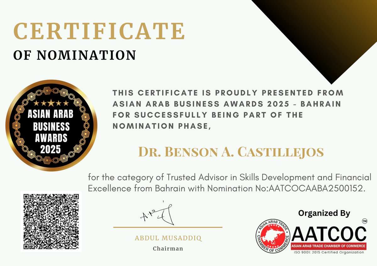 aatcoc's tweet photo. Dr. Benson A. Castillejos has been nominated as the Trusted Advisor in Skills Development and Financial Excellence, Bahrain at the Asian Arab Business Awards 2025-Bahrain on 19th June at Hotel Crowne Plaza, Manama!

#AsianArabBusinessAwards #BusinessExcellence #AABA2025 #aatcoc https://t.co/eygqmr1zsf