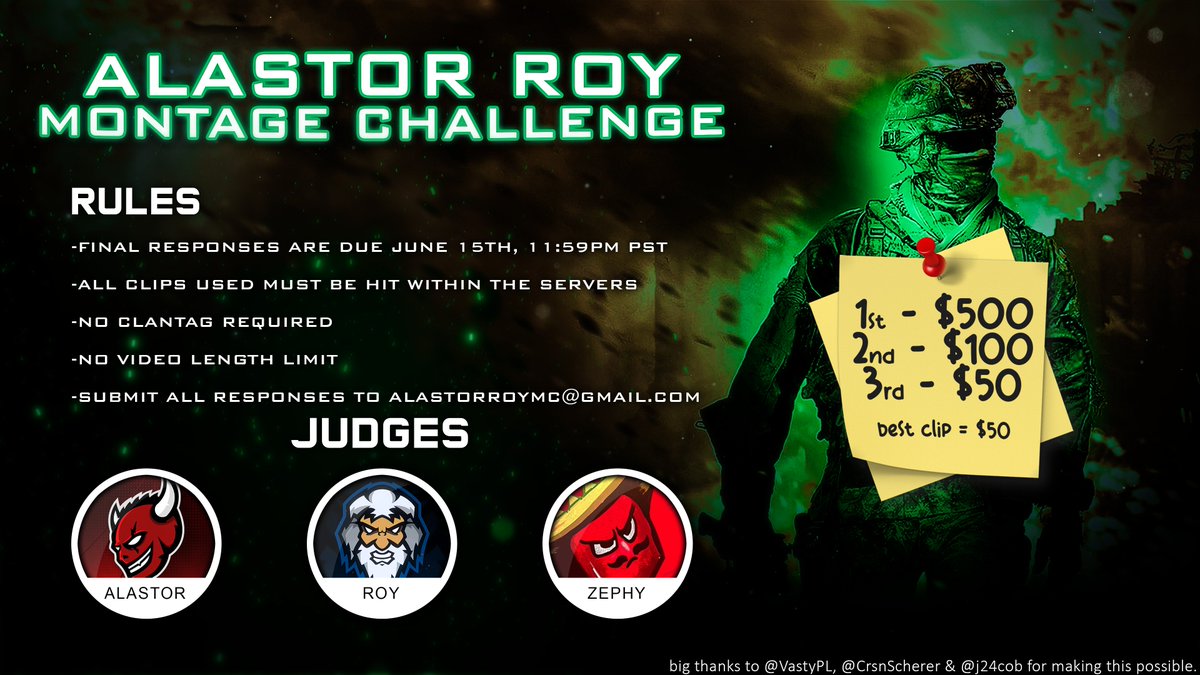 RESPONSES FOR THE BIG MONEY MONTAGE CHALLENGE FROM <a href="/oceanmangod/">SoaR Roy</a> &amp; myself are due TOMORROW.

DON'T FORGET TO EMAIL YOUR RESPONSES TO: alastorroymc@gmail.com

ALSO UPLOAD ALL COMMUNITY MONTAGE CLIPS HERE!
drive.google.com/drive/folders/…