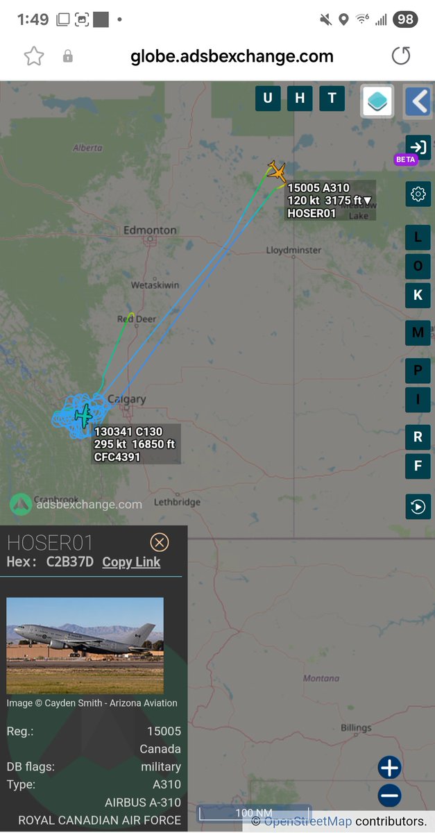 Borrowed7Time's tweet photo. RCAF aircraft operating near Calgary for the G-7:
CC-150T Polaris 15005 #C2B37D as HOSER01
CC-130H Hercules 130341 #C2AF9F CFC4391 (over Kananaskis)
@sipjack1776 @PeterVogel https://t.co/6SfT9sVWcP