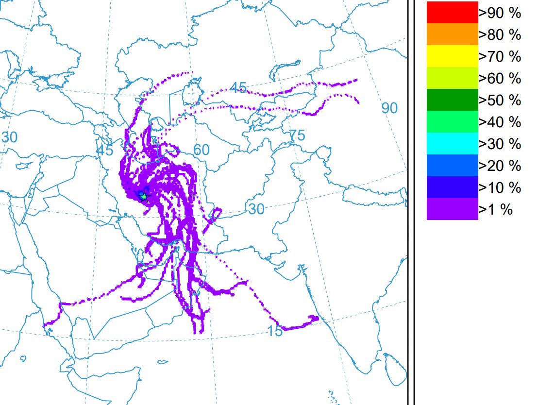 #Natanz ve #Isfahan dan çıkan radyoaktif sızıntının 10 günlük yolculuğu. Dendiği gibi ise sızıntı çok fazla değil, ama herkes merak ediyor, biz de @kutaymihliardic ile çalıştırdığımız model BİZE GELMİYOR diyor. Çok seyrelmiş şekilde #Azerbaycan sınırlarına giriyor. Takip ediyoruz