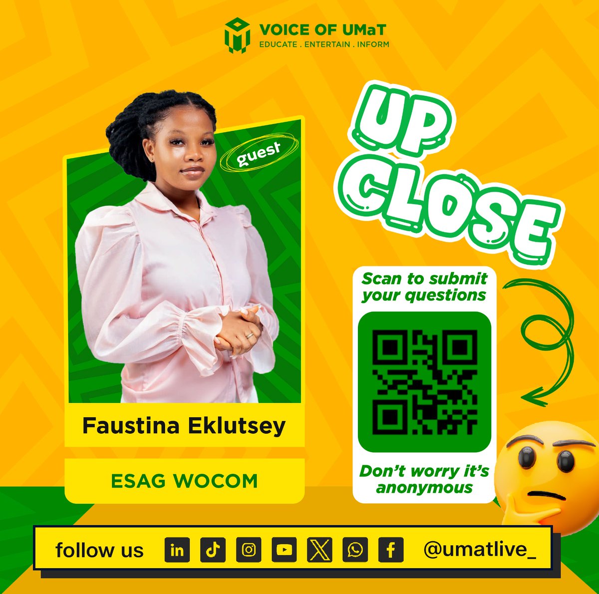 🎙️UPCLOSE WITH FAUSTINA EKLUTSEY - ESAG WOCOM🎙️

 🔥 Got a question for Our Jeep Lady😎? Now’s your chance to ask anything— anonymously.

📩 Send your questions via ngl.link/vou_upclose

Stay tuned for the episode— *you ask, she answers 👀🎤*

#VoUUpClose #YouAskTheyAns