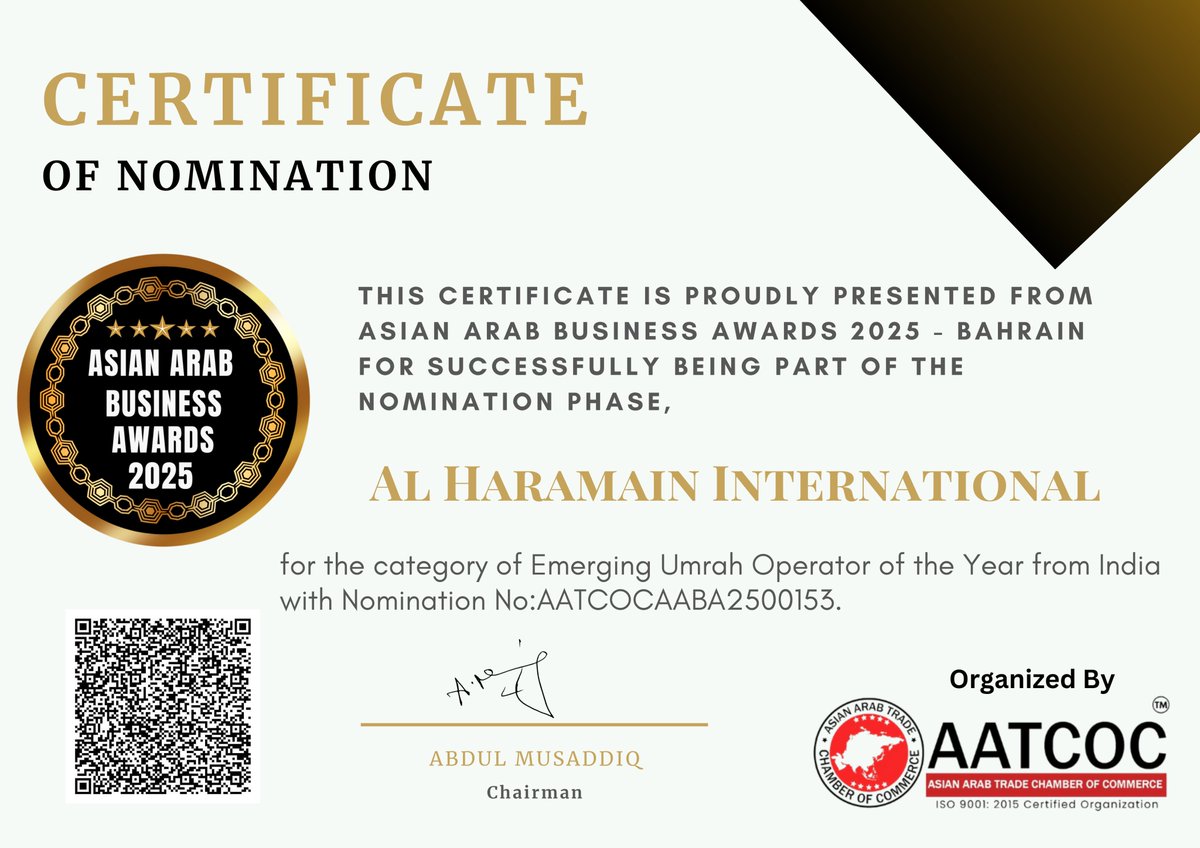 aabawards's tweet photo. Al Haramain International has been nominated as the Emerging Umrah Operator of the Year, India at the Asian Arab Business Awards 2025-Bahrain on 19th June at Hotel Crowne Plaza, Manama!

#AsianArabBusinessAwards #Nominee #BusinessExcellence #AABA2025 #aatcoc #bahrain https://t.co/mcQUF22Oqf