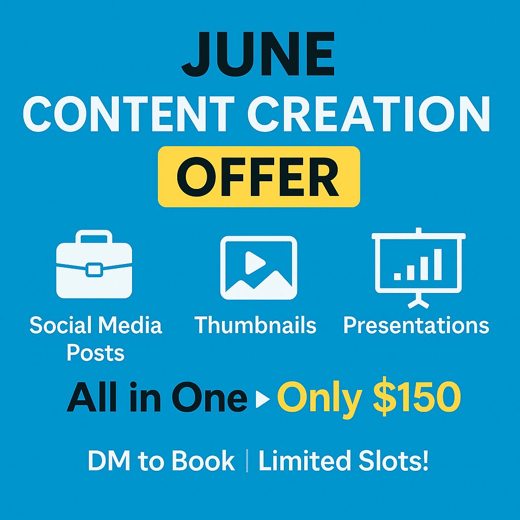 SadiaTa02644753's tweet image. 🎉 June Offer!
Get social media posts, thumbnails &amp;amp; presentation design — all for just $150!
DM to book 🔥
#ContentCreator #DesignOffer #FreelanceServices #JuneDeal