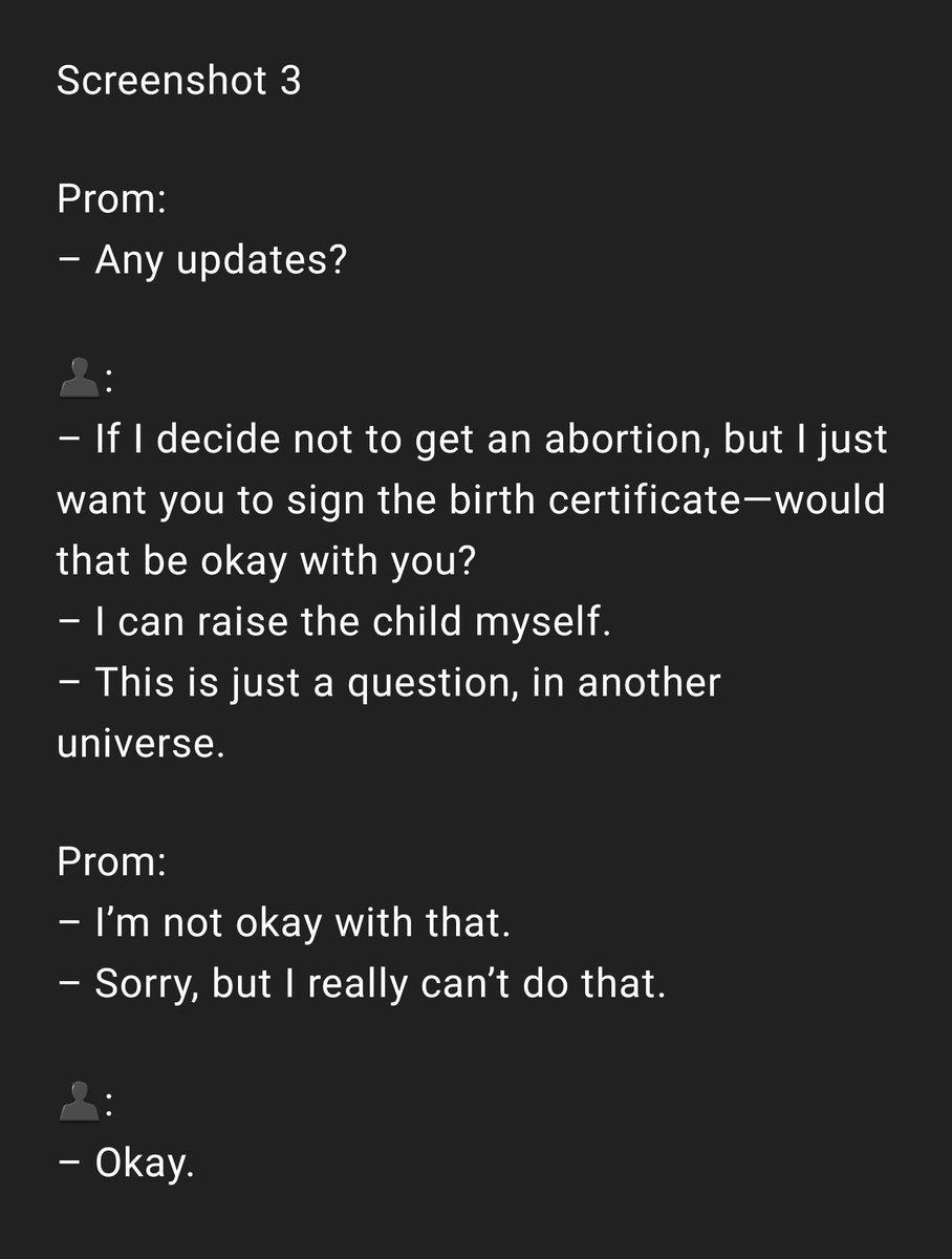 She told Prom she's pregnant. But he insisted on an abortion and refused to sign the birth certificate if she didn't. He asked if she was with someone else, but she said she used emergency contraception.. WHAT A DISGUSTING MAN