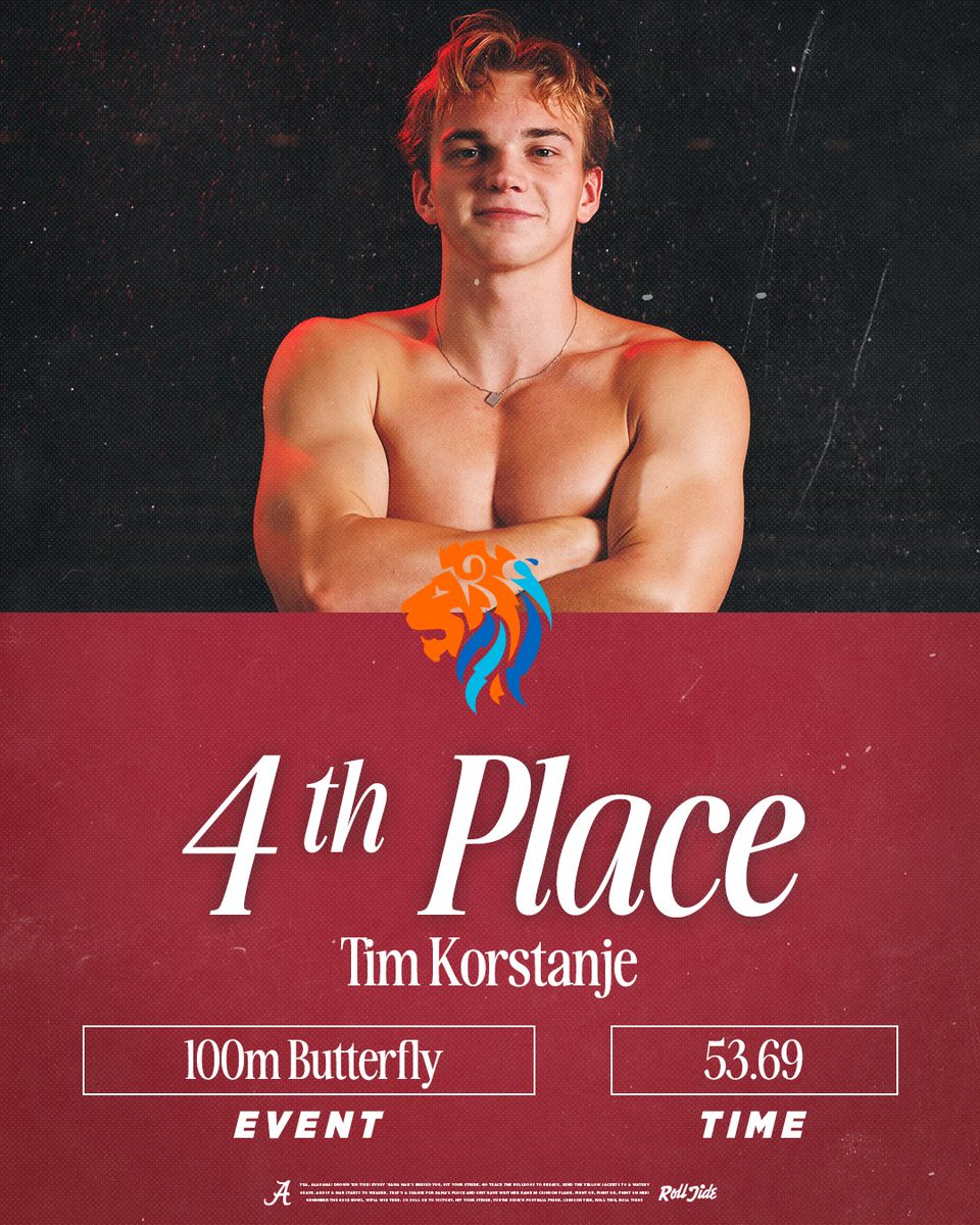 AlabamaSwimDive's tweet image. Tim Korstanje places fourth in the 100m butterfly at the Dutch Nationals thanks to a 53.69 performance😤
#RollTide #BamaSpeed