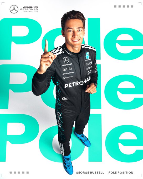 A graphic displaying an image of George Russell in racing overalls and the writing pole behind to mark his pole position