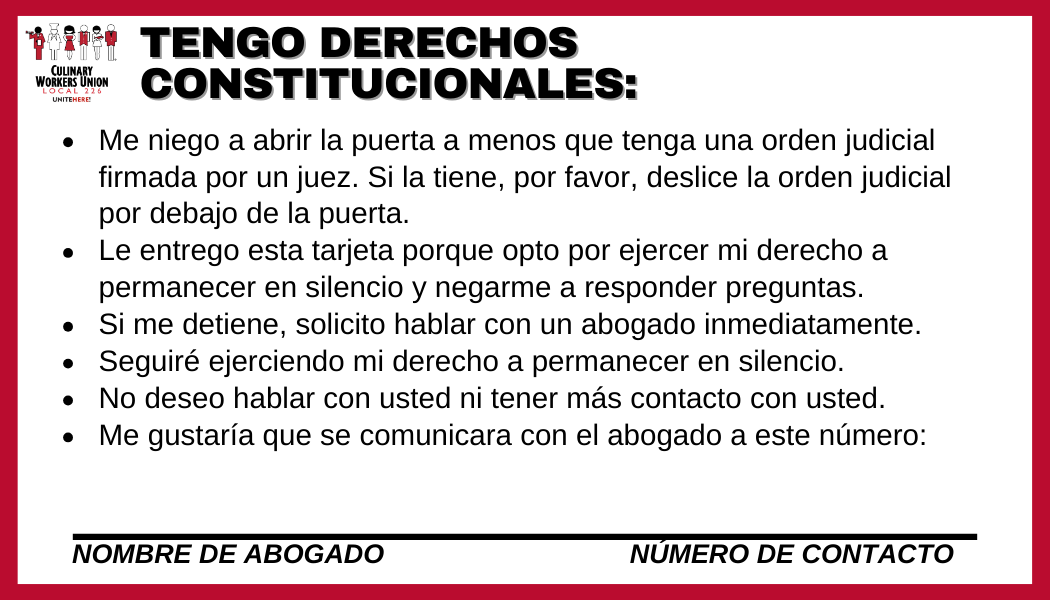 KNOW YOUR RIGHTS!

You have the right to:

🚫 RIGHT TO REMAIN SILENT

🚨 RIGHT TO ASK FOR A WARRANT BEFORE ICE ENTERS YOUR HOME

📞 RIGHT TO SPEAK WITH AN ATTORNEY

📝 RIGHT NOT TO SIGN ANYTHING 

➡️ USE THIS CARD!

🔗  Know Your Rights: bit.ly/226kyr
